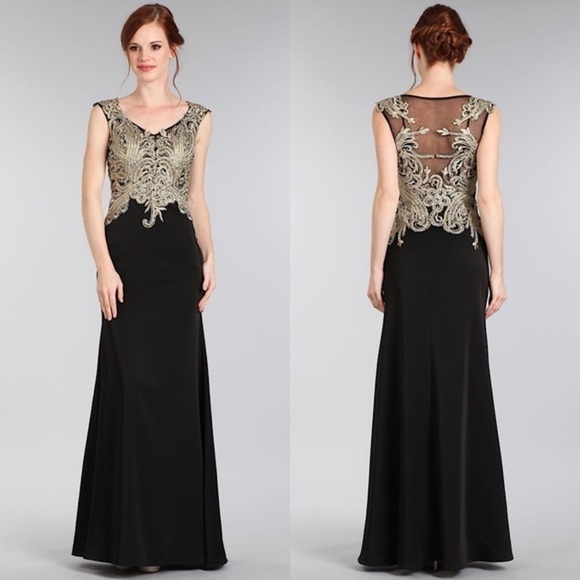 Dresses & Skirts - SEXY Gold Embroidery Black Dress 1556